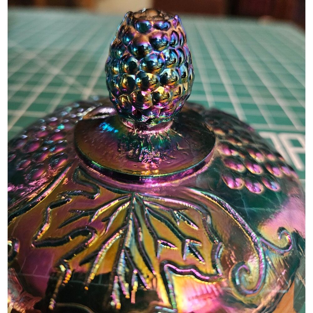 Vintage Peacock Teal Carnival Glass Covered Candy Dish Compote Pinecone Lid - Picture 2 of 5
